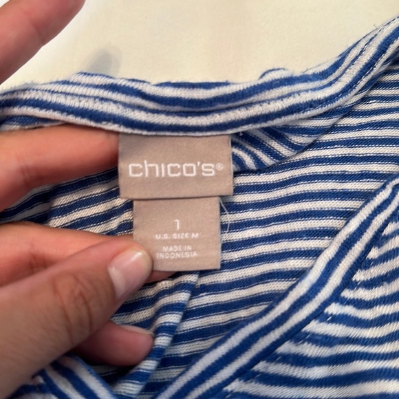 Chicos 100% linen blue and white striped 3/4 length slub tee dolman sleeve - Picture 2 of 4